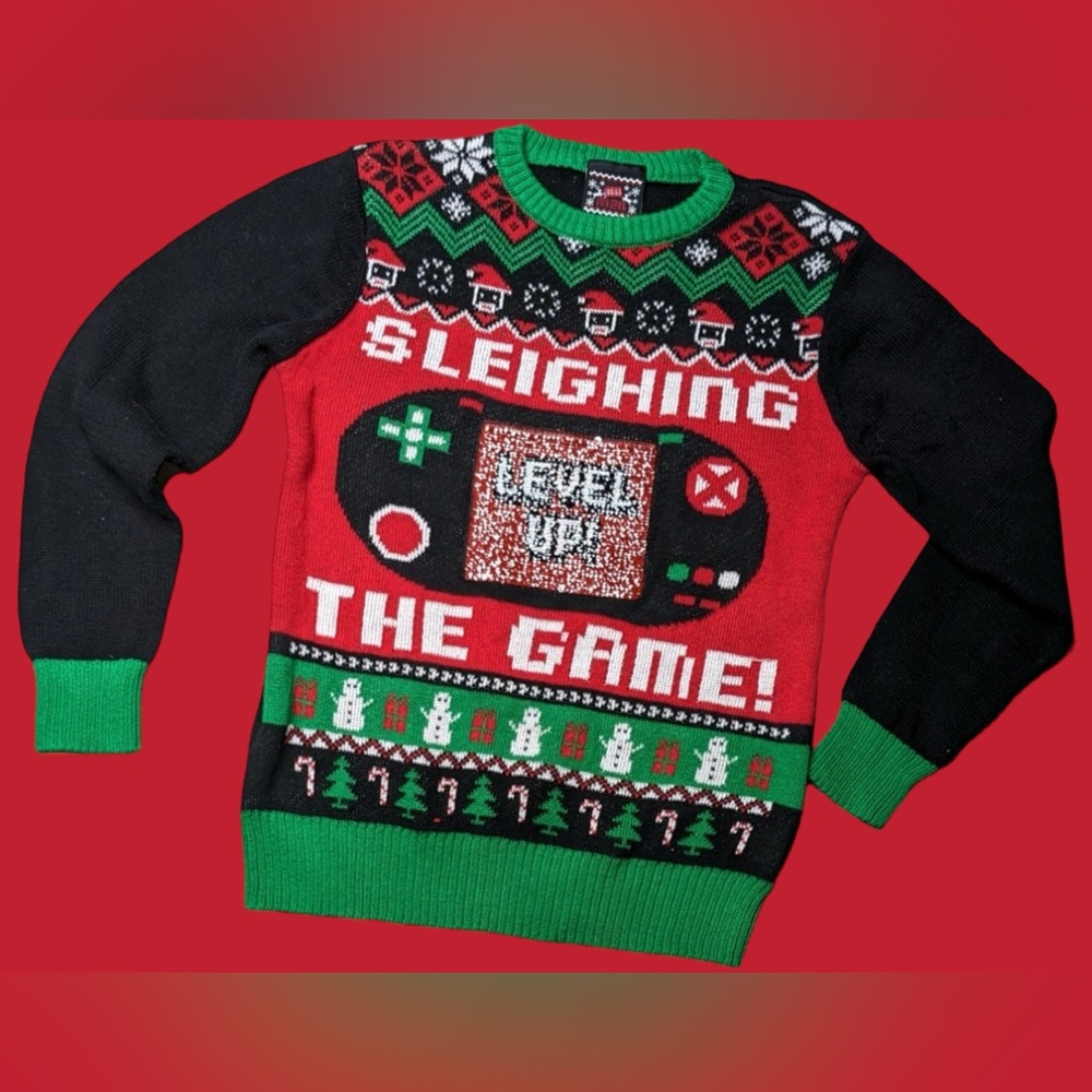 Sleighing the Game Ugly Christmas sweater